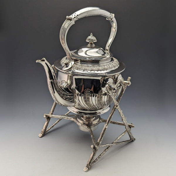 約 1900 年英國古董鍍銀水壺和燃燒器支架套裝 Walker & Hall